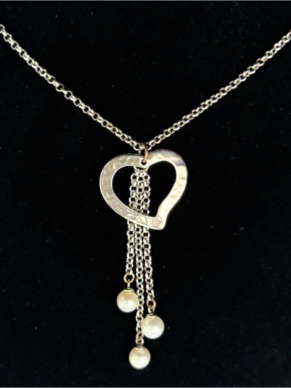 Hammered Heart w 3 Pearls Statement Pendant and Necklace - Picture 2 of 5